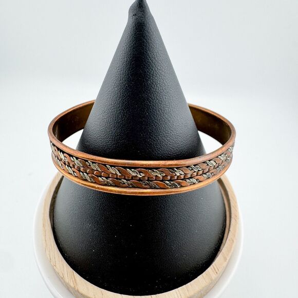 Vintage Copper Magnetic Cuff Bracelet Woven Brass Silver Tone Mixed Metal Retro - Picture 6 of 9